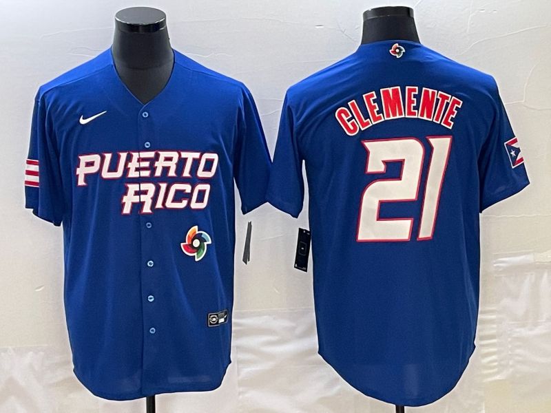 Men 2023 World Cub Puerto Rico 21 Clemente Blue Nike MLB Jersey1